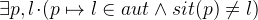 $\exists p, l\mathord {\mkern 1mu\cdot \mkern 1mu}(p \mapsto l \in aut \land sit(p) \neq l)$