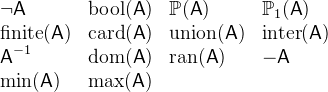 $\begin{array}{lllll} \lnot \textsf{A}&  \mathop {\mathrm{bool}}\nolimits (\textsf{A}) &  \mathop {\mathbb P\hbox{}}\nolimits (\textsf{A}) &  \mathop {\mathbb P\hbox{}}\nolimits _1(\textsf{A}) \\ \mathrm{finite}(\textsf{A}) &  \mathop {\mathrm{card}}\nolimits (\textsf{A}) &  \mathrm{union}(\textsf{A}) &  \mathrm{inter}(\textsf{A}) \\ \textsf{A}^{-1} &  \mathop {\mathrm{dom}}\nolimits (\textsf{A}) &  \mathop {\mathrm{ran}}\nolimits (\textsf{A}) &  -\textsf{A}\\ \min (\textsf{A}) &  \max (\textsf{A}) \end{array}$