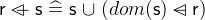 $\textsf{r}\mathbin {\lhd \mkern -9mu-}\textsf{s}\mathrel {\widehat=}\textsf{s}\mathbin {\mkern 1mu\cup \mkern 1mu}(dom(\textsf{s})\mathbin {\lhd \mkern -14mu-}\textsf{r})$