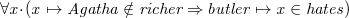 $\it  \forall x\mathord {\mkern 1mu\cdot \mkern 1mu}( x\mapsto Agatha \notin richer \mathbin \Rightarrow butler\mapsto x \in hates) $