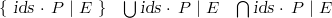 $\begin{array}{lllll} \{ ~ \textsl{ids}~ \mathord {\mkern 1mu\cdot \mkern 1mu}~ P~ |~ E~ \}  &  \bigcup \nolimits \textsl{ids}~ \mathord {\mkern 1mu\cdot \mkern 1mu}~ P~ |~ E &  \bigcap \nolimits \textsl{ids}~ \mathord {\mkern 1mu\cdot \mkern 1mu}~ P~ |~ E \end{array}$