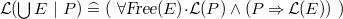 $\mathcal{L}(\bigcup \nolimits E~ |~ P) \mathrel {\widehat=}(~ \forall \textsl{Free}(E) \mathord {\mkern 1mu\cdot \mkern 1mu}\mathcal{L}(P) \land (P\mathbin \Rightarrow \mathcal{L}(E))~ )$
