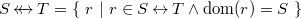 $S \mathbin {\leftarrow \mkern -14mu\leftrightarrow }T = \{ ~ r~ |~ r\in S\mathbin \leftrightarrow T\land \mathop {\mathrm{dom}}\nolimits (r) = S~ \} $