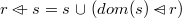$r\mathbin {\lhd \mkern -9mu-}s = s\mathbin {\mkern 1mu\cup \mkern 1mu}(dom(s)\mathbin {\lhd \mkern -14mu-}r)$